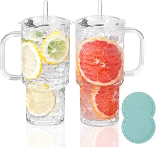 17oz Water Glass Tumbler with Handle & Lid, Reusable Iced Coffee Cups with Straws – Set of 2, Glass Cups Travel Mug for Smoothies, Juice, Coffee, Tea