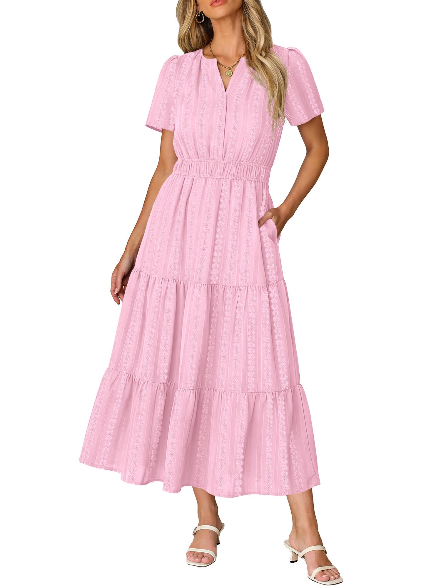 RUMIA Women Casual Midi Maxi Dresses Short Sleeve V Neck Elastic Waist Vacation Dress Pockets（S-2XL — view 21