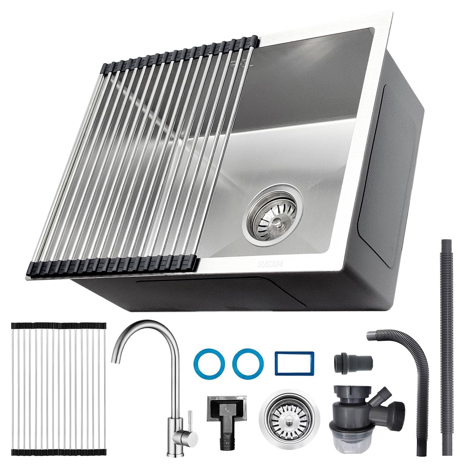 ZQFHSX 55 x 40 cm Stainless Steel Undermount Kitchen Sink with Tap Draining Board & Drain Fitting Scratch Resistant Small Single Basin for Modern Kitchens
