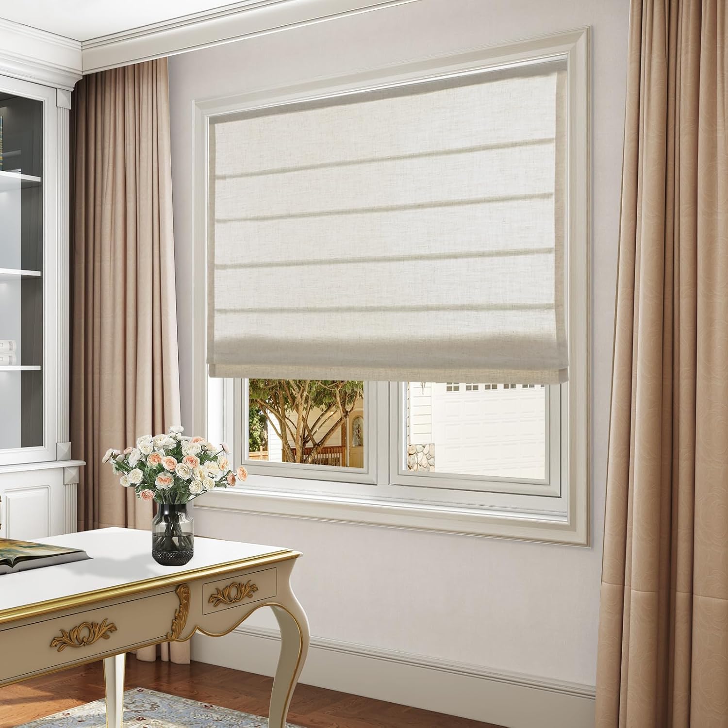 Cordless Roman Shades Window Shades, Linen Natural Custom Blackout Light Filtering Window Roman Blinds, Fabric Roman Shades for Windows, French Doors, Doors, Kitchen Windows