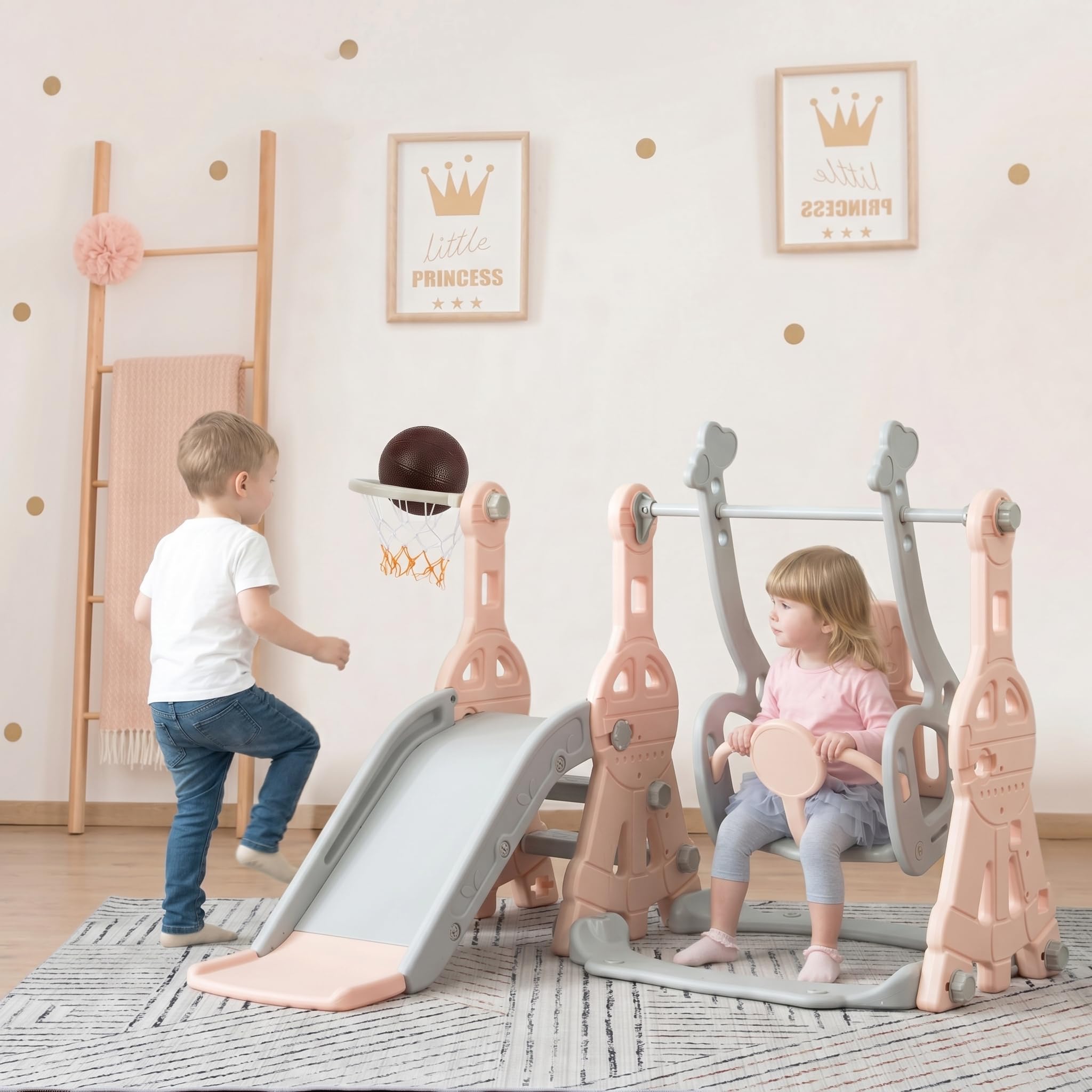 Tobogán infantil 4 en 1 con cesta de baloncesto, escalada, columpio, tobogán interior para niños, toboganes infantiles con columpio, zona de juegos interior y exterior