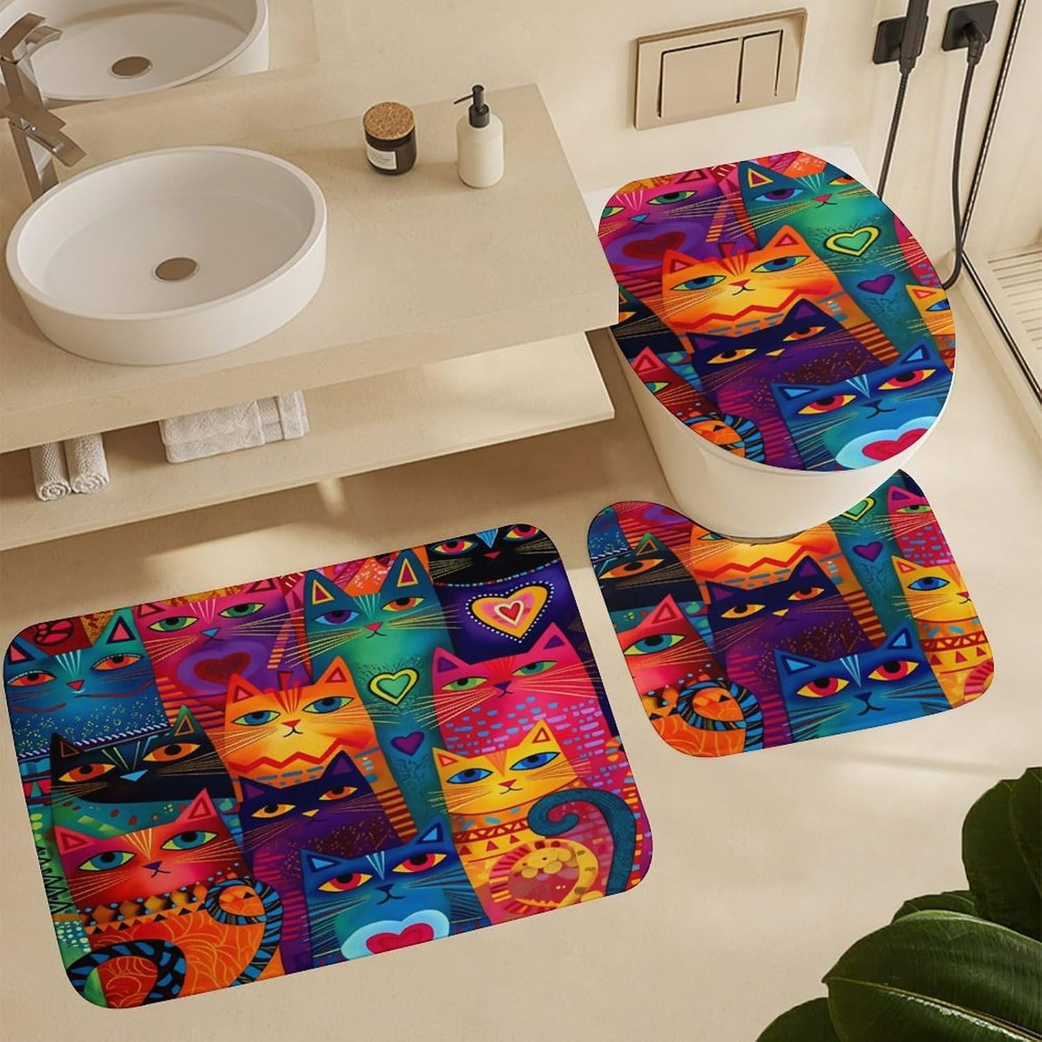 Colorful Cat 4 PCS Bathroom Set with Shower Curtain Rugs, Ultra Soft Coral Fleece Bath Mat, U-Shaped Rug, Toilet Lid Cover, 72" X 72"