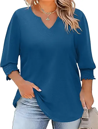 Rapbin Womens Plus Size Tops 3/4 Sleeve Blouses Shirts Casual V Neck Loose Tunic Tops 1X-5X