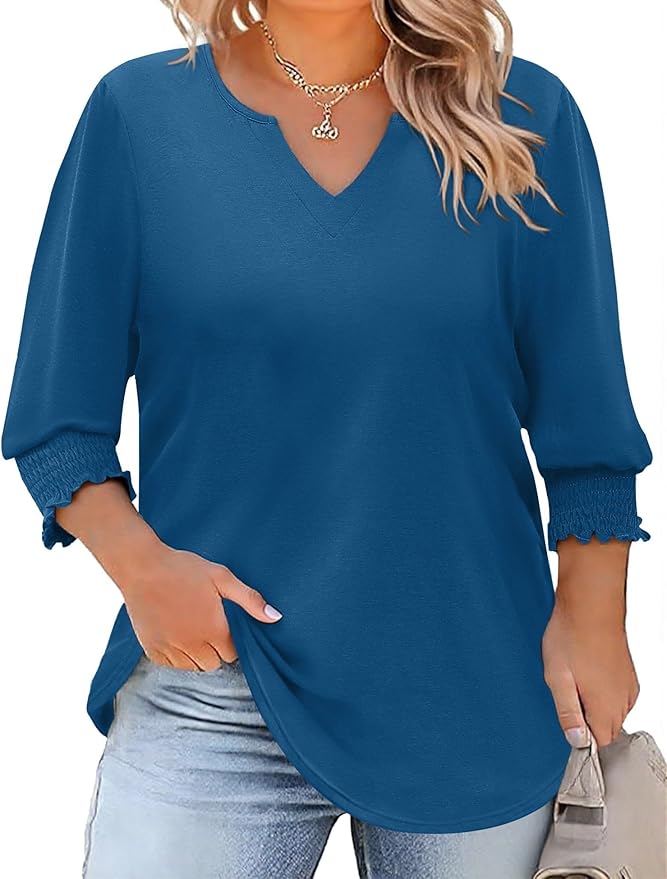 Rapbin Womens Plus Size Tops 3/4 Sleeve Blouses Shirts Casual V Neck Loose Tunic Tops 1X-5X
