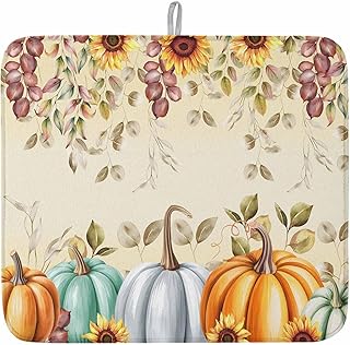 Thanksgiving Maple Leaf Dish Drying Mat for Kitchen Counter, Fall Pumpkin Eucalyptus Leaves Botanical Baby Bottle Microfiber Drying Pad, Absorbent Coffee Cup Dishes Drainer Mats 16''x18''