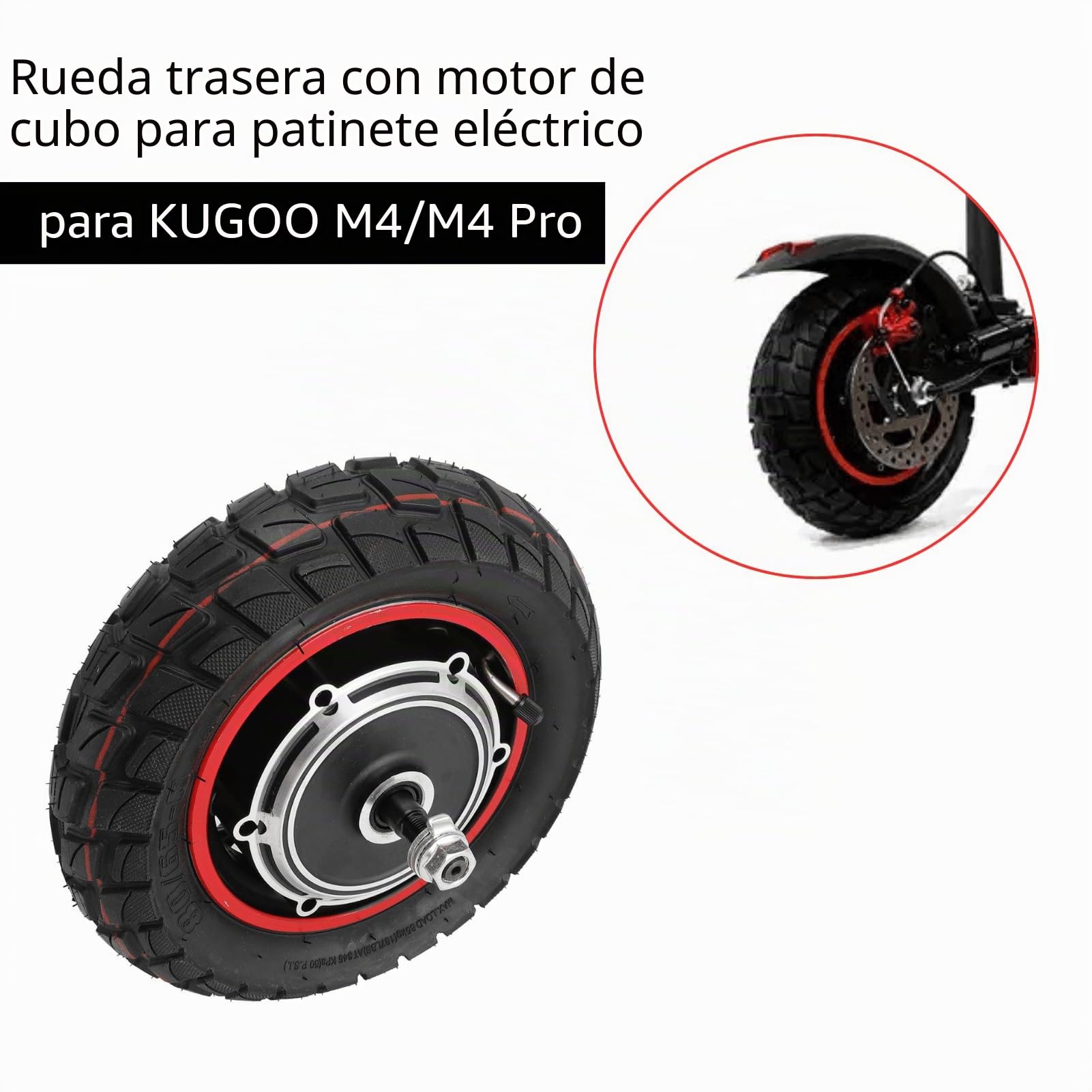 Motor de Cubo para Kugoo M4 M4Pro, 48V 800W Neumático de Rueda Motriz Trasera de Goma Motor de Scooter con Neumáticos para Scooter Eléctrico