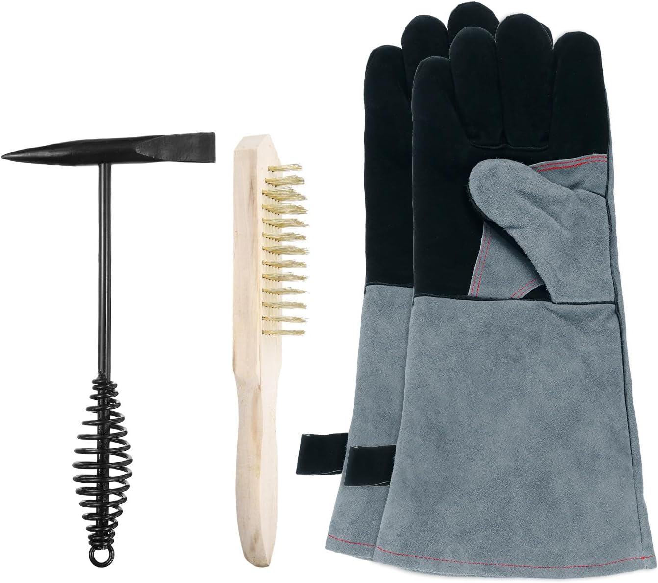 HARFINGTON 3pcs 11.3" Welding Chipping Hammer with Coil Spring Handle and 10.6" Welding Steel Wire Brush Copper-plated & 16" Welding Gloves Slag Remove Tool