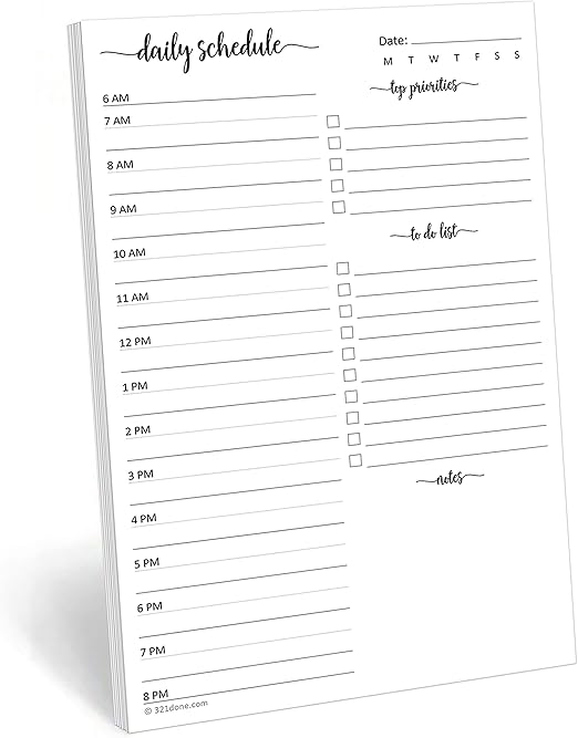 321Done Daily Schedule Planning Notepad - 50 Sheets (5.5x8.5) – Hourly Appointment Daily Planner To Do Checklist Tear-Off Note Pad - Made in USA - Simple Script Half-Letter Small Size