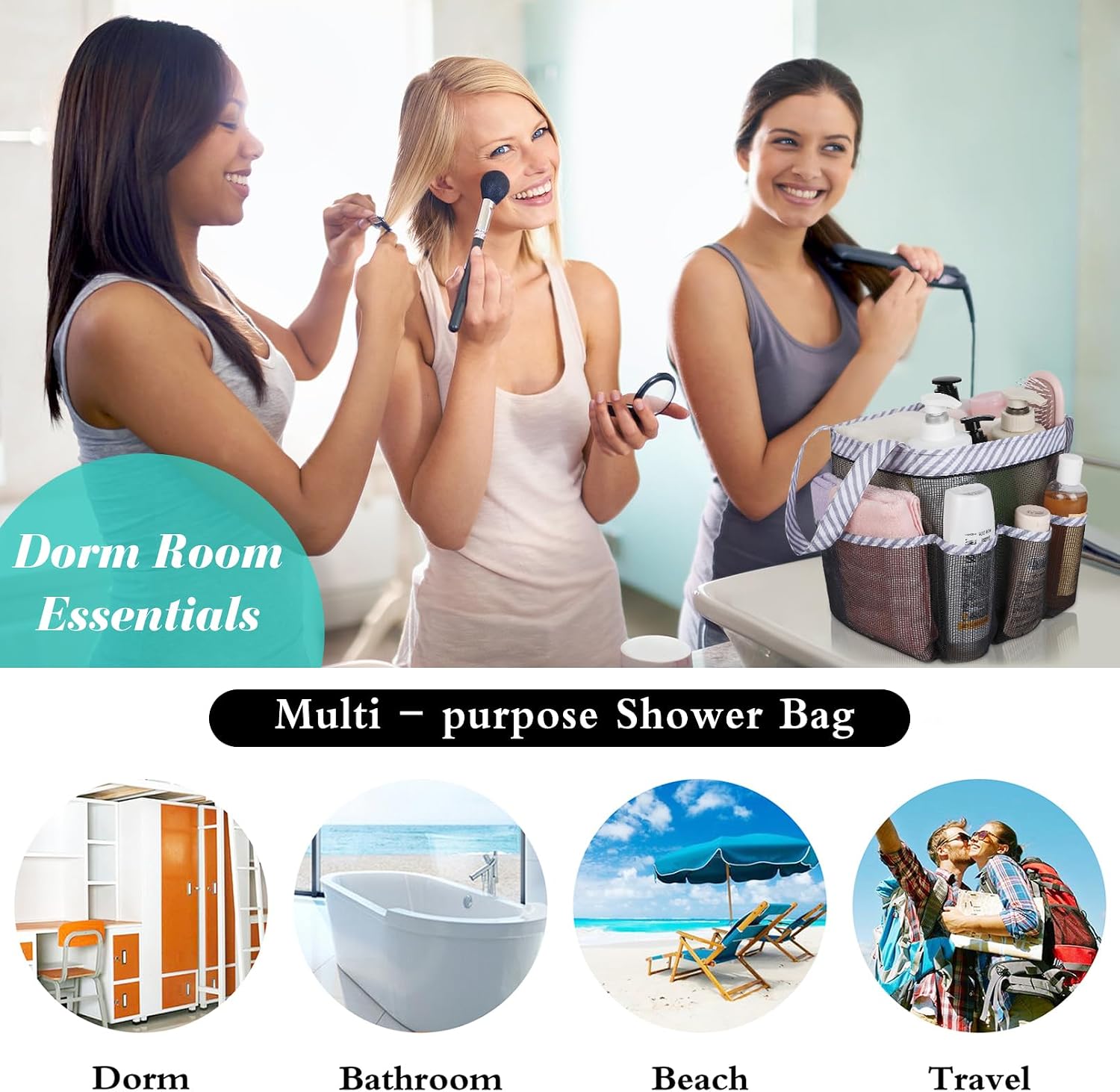 Mesh Shower Caddy Portable - 9 Pockets, Shower Bag for Dorm Room Camping image 4
