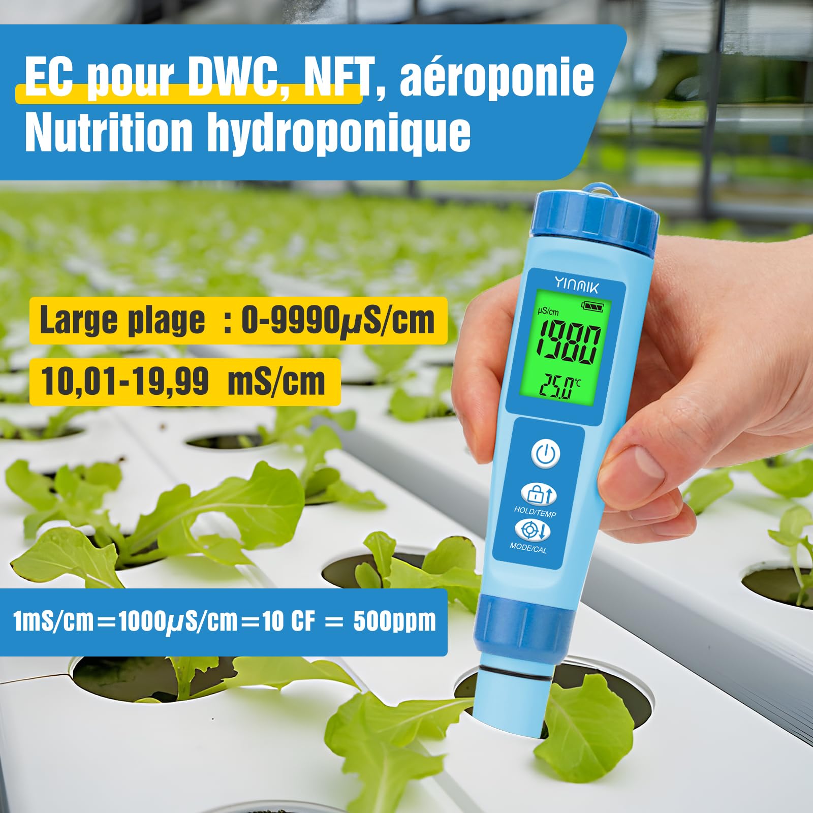 YINMIK Testeur pH EC TDS 4 en 1, pH-Mètre Digital | Mesure pH, EC, TDS, T° simultanés, Pour Hydroponie, Piscine, Spa, Aquarium, Avec Précision