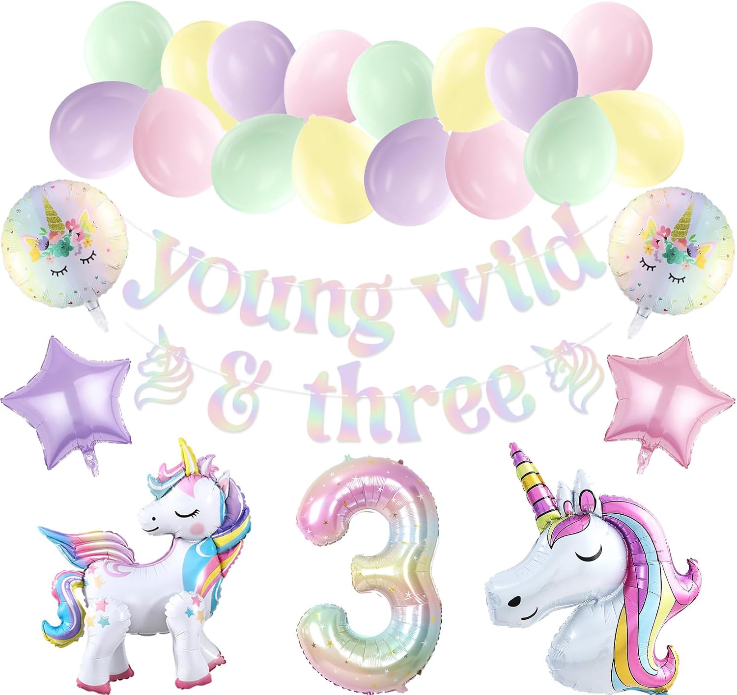 Young Wild & Three Unicorn Party Balloon Pack Holographic Young Wild & Three Banner for Pastel Unicorn 3rd Birthday Party Decorations