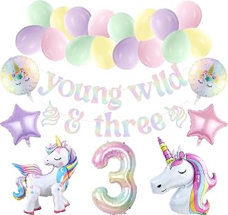 Young Wild & Three Unicorn Party Balloon Pack Holographic Young Wild & Three Banner for Pastel Unicorn 3rd Birthday Party Decorations