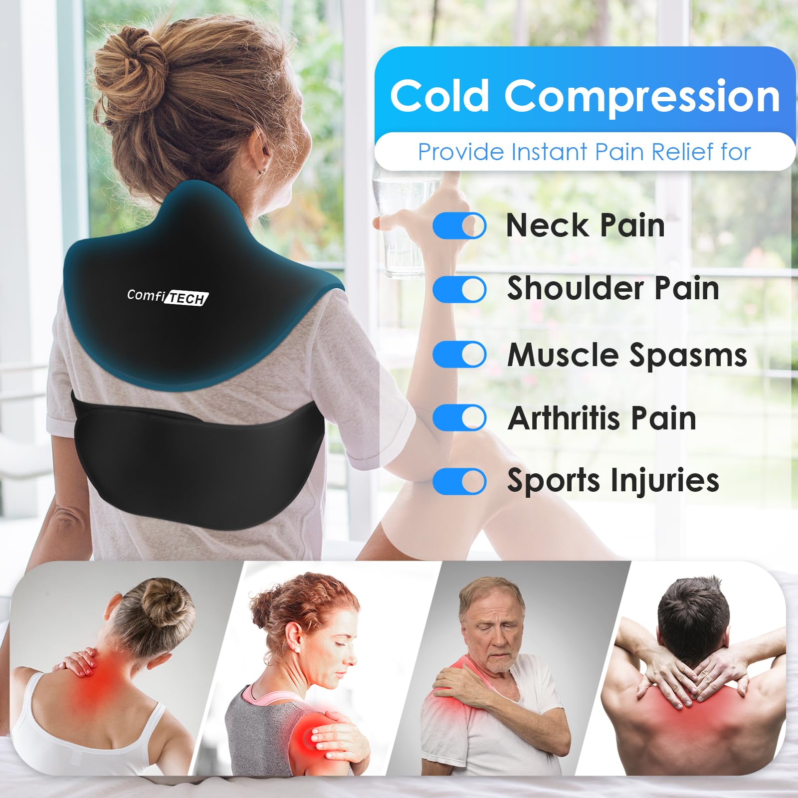 ComfiTECH XL Neck Ice Pack Wrap Gel for Neck and Shoulders Reusable, Cervical Ice Pack for Upper Back Pain Relief, Bruises, Inflammation, Office Neck, Surgery, Sports Injuries
