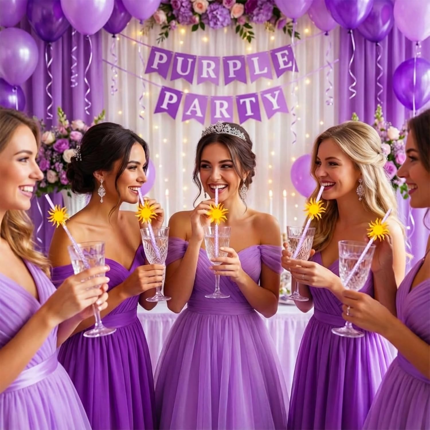 Ceenna 50 Pcs Purple Sun Party Paper Straws Princess Tangle Party Decorations Straws for Birthday Wedding Baby Shower Supplies