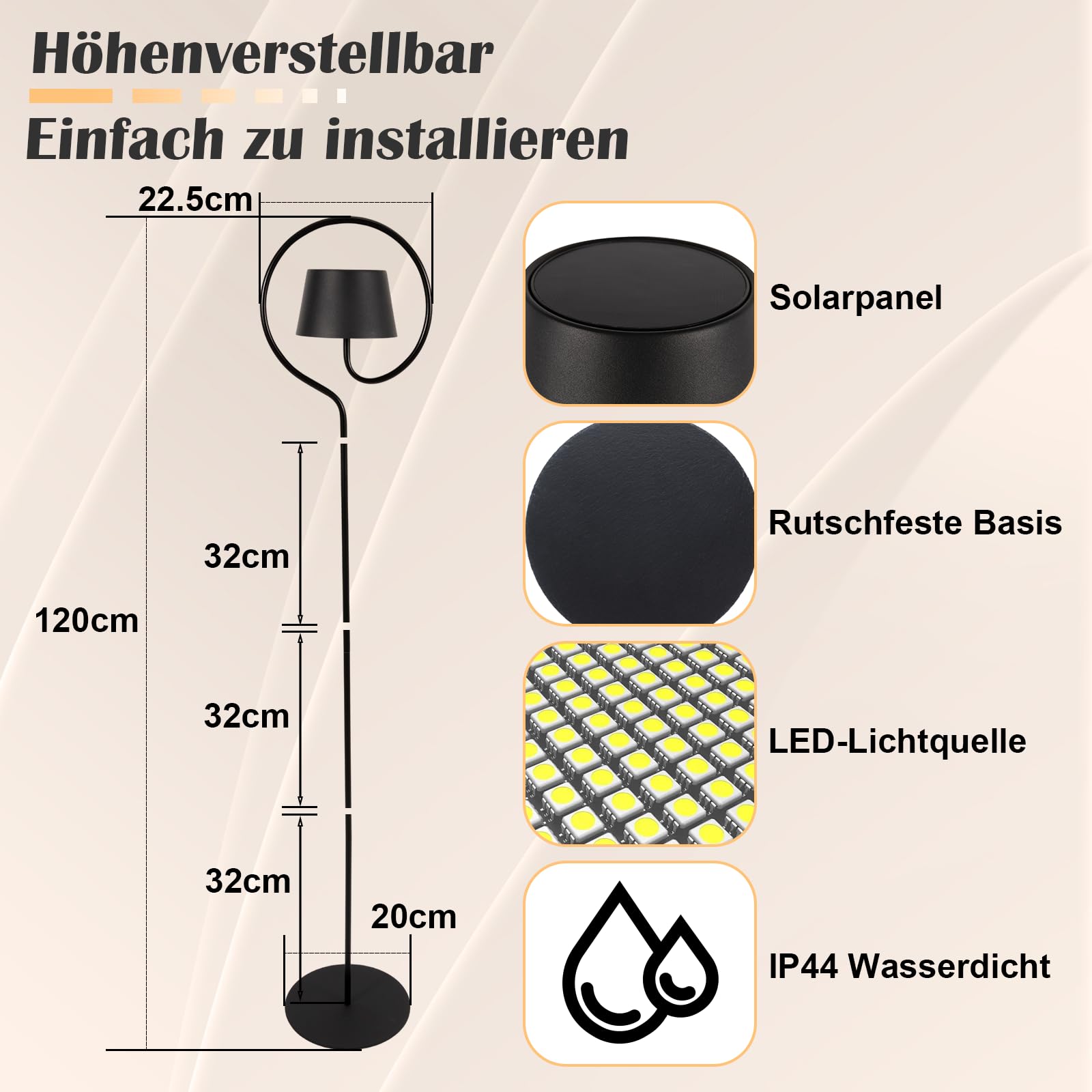 Homefire Lampadaire LED pour salon à intensité variable 120 cm - Lampadaire solaire d'extérieur avec batterie USB-C rechargeable - Moderne - Sans fil - 3000 K-6500 K - Hauteur réglable - Pour chambre
