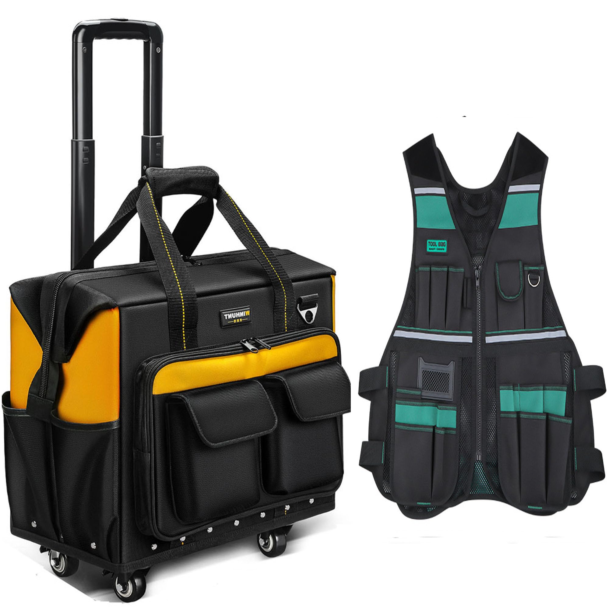 Rolling Tool Bag with Four Wheels Tool Vest for Men with Pockets