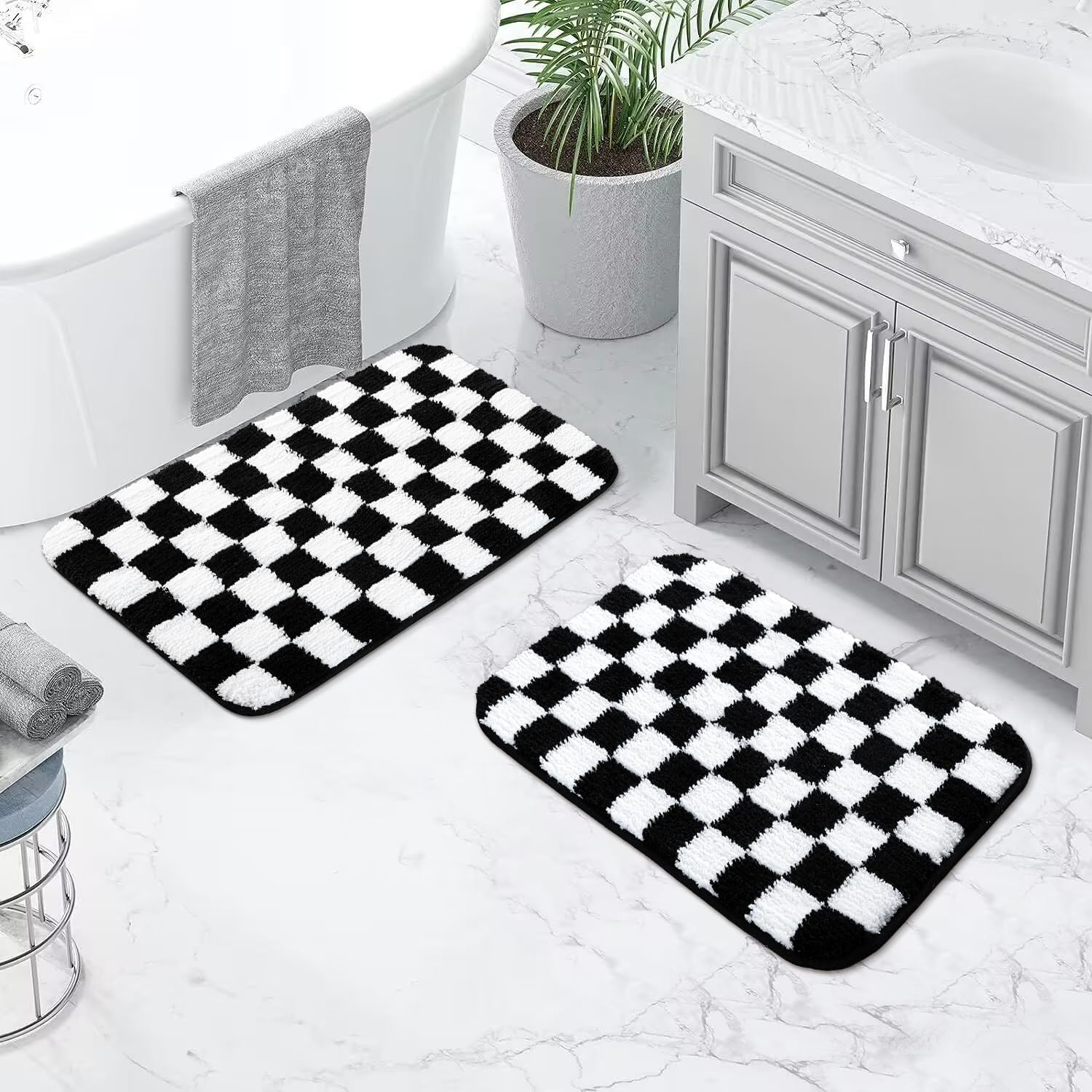 Uphome Bathroom Rugs Set, Black and White Checkered