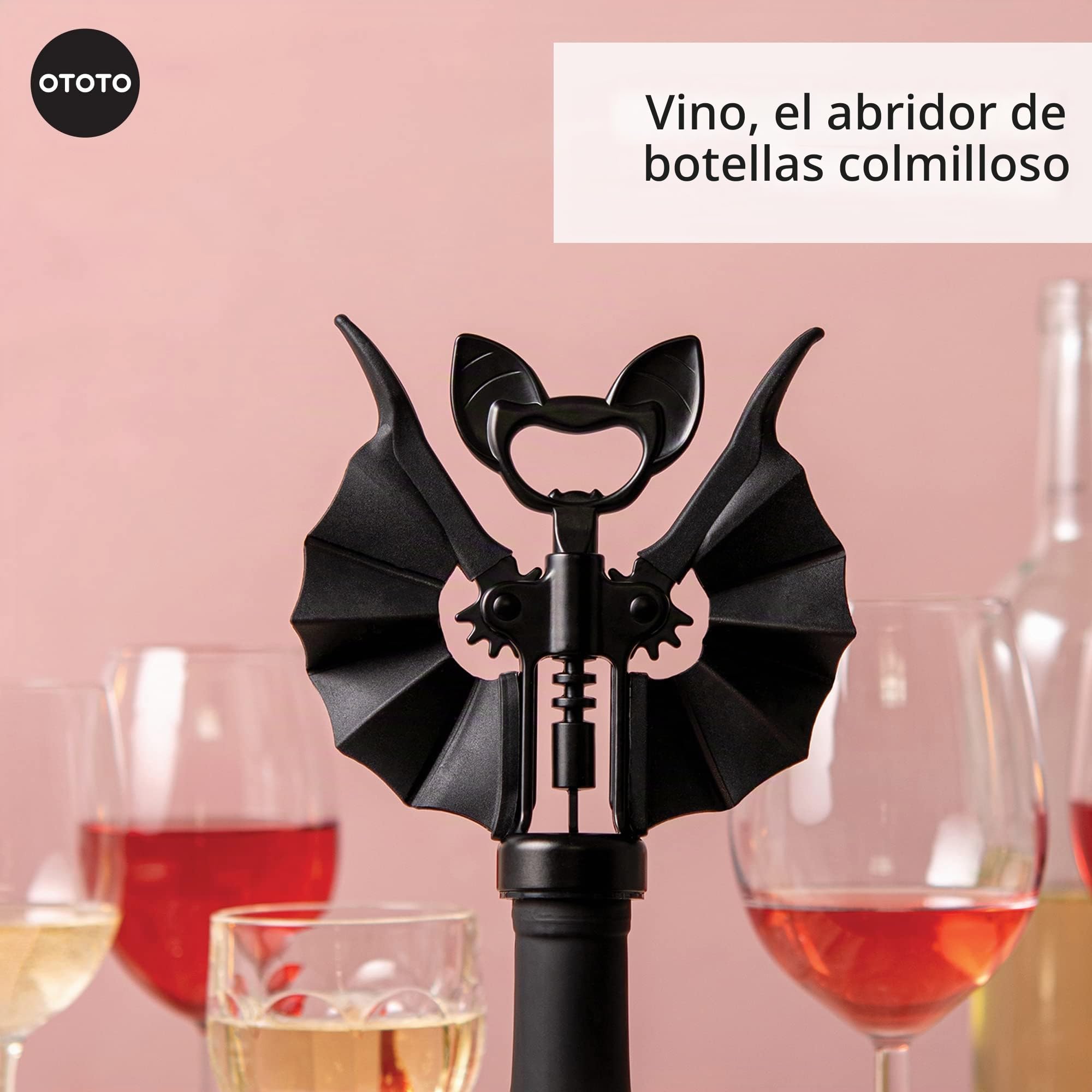 OTOTO Vino Spooky Bat Abridor de vino y cerveza 2 en 1, sacacorchos y abridor de botellas