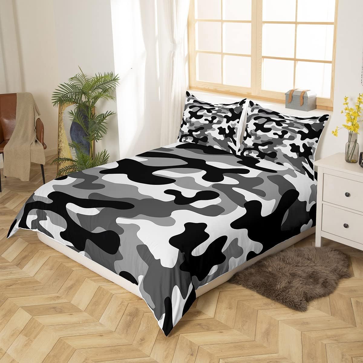Camouflage Bedding Set,Camo Duvet Cover for Kid Teen Boys Girls,Grey Black White Camo Pattern Comforter Cover Decorative Room,Ocean Quilt Cover with 2 Pillowcases,Double Size - Image 4