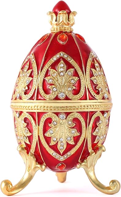QIFU Hand Painted Enameled Red Faberge Egg Decorative Hinged Jewelry Trinket Box Unique Gift for Home Decor