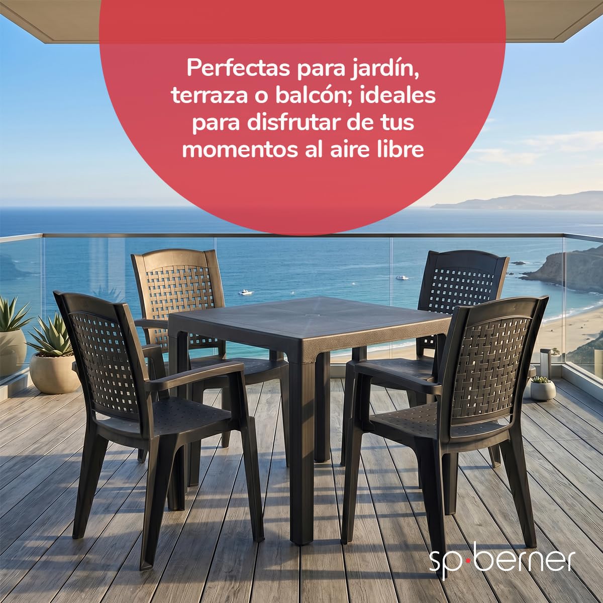 SP Berner SHAF - Pack 4 Sillas - Jardín Exterior y Terraza - Plástico Reciclado Resistente UV - Apilables - Modelo Metal - Blanco