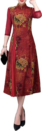 Womens Cheongsam High Neck 3/4 Sleeves Mesh Patchwork Print Retro Midi Dress