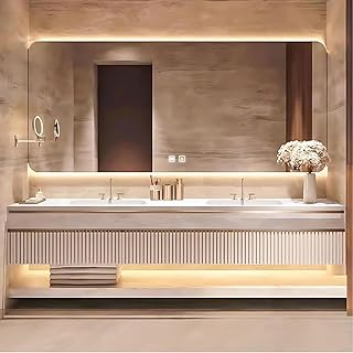 72 Inch Bathroom Vanity with Double Sinks - Luxurious Solid Wood Bathroom Vanity Includes Embossed Striped Wave Panels & Open Storage Rack | Smart Defogging Mirror,Slate Countertops