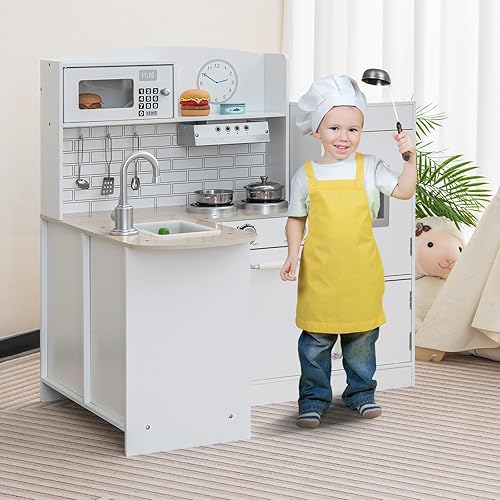 Miniatura 9 de Costzon Juego de cocina esquinera para niños, juego de cocina de madera 8 en 1 con microondas realista, horno, estufa, refrigerador, campana