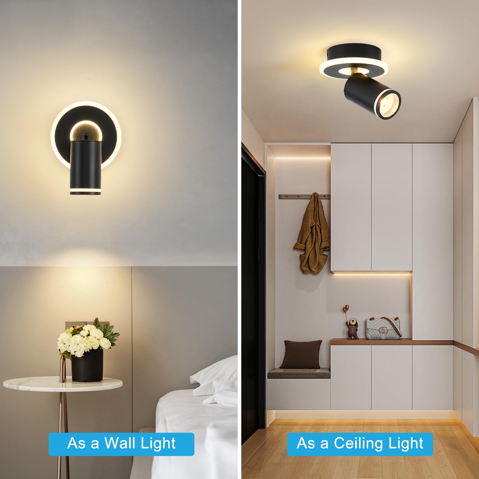 SANSHI Rotonda Faretti da Soffitto Orientabili Interno LED 1 Luce,Faretti da Parete con Inferiore 9W+5W,GU10 Lampadario Faretti,Moderna Plafoniera Faretti Bianco Caldo 3000K per Cameretta Barra,Nero