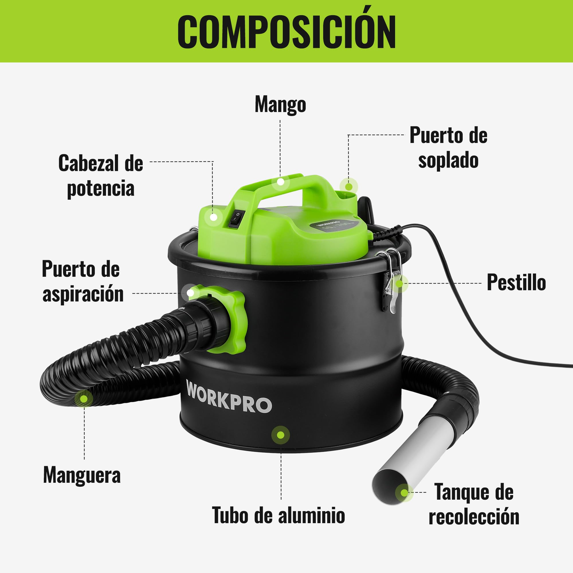 WORKPRO Aspirador de Cenizas 10L 700W con Función Soplado | Aspiracenizas para Chimeneas, Estufas y Barbacoas, Depósito Metálico, Filtro Lavable, 16 kPa, Tubo Metálico