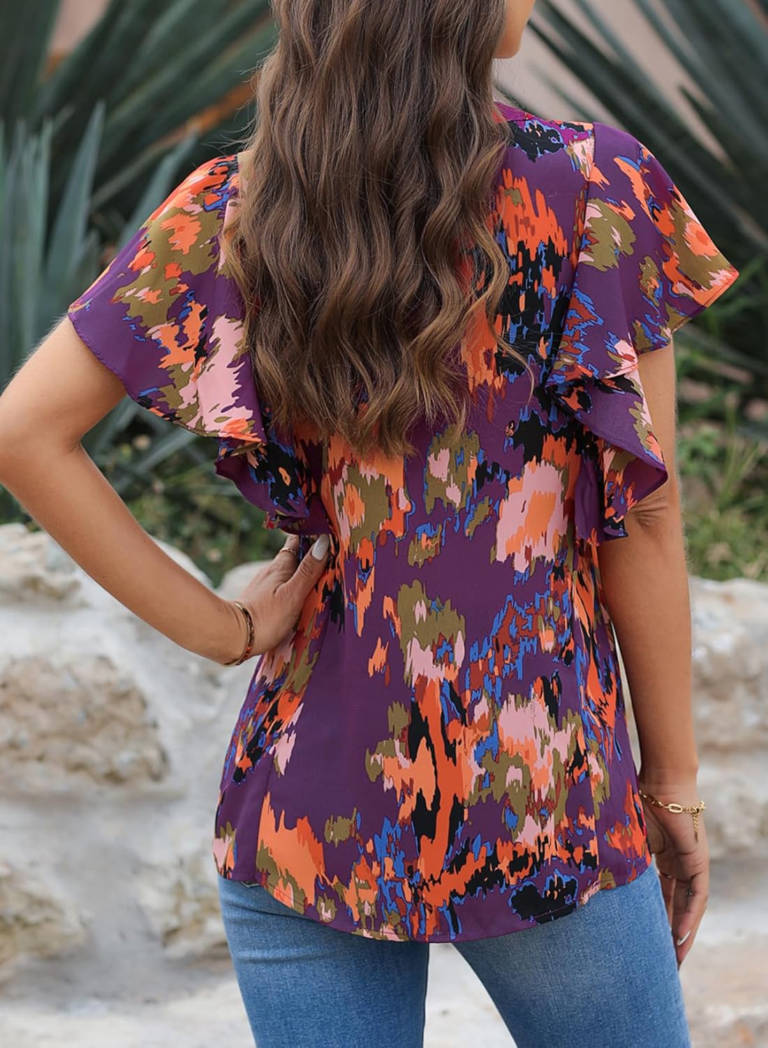 Women's Fashion Ruffle Chiffon Shirt V Neck Pullover Printed Blouse Elegant Short Sleeve Blouse - Image 2