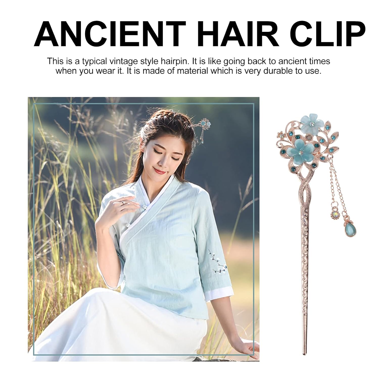 Minkissy Vintage Rhinestone Flower Hair Sticks Chinese Opal Flower Hair Chopsticks Hairpins Floral Hairstyling Pins with Tassel Hair-Jewelry Accessories (Blue)