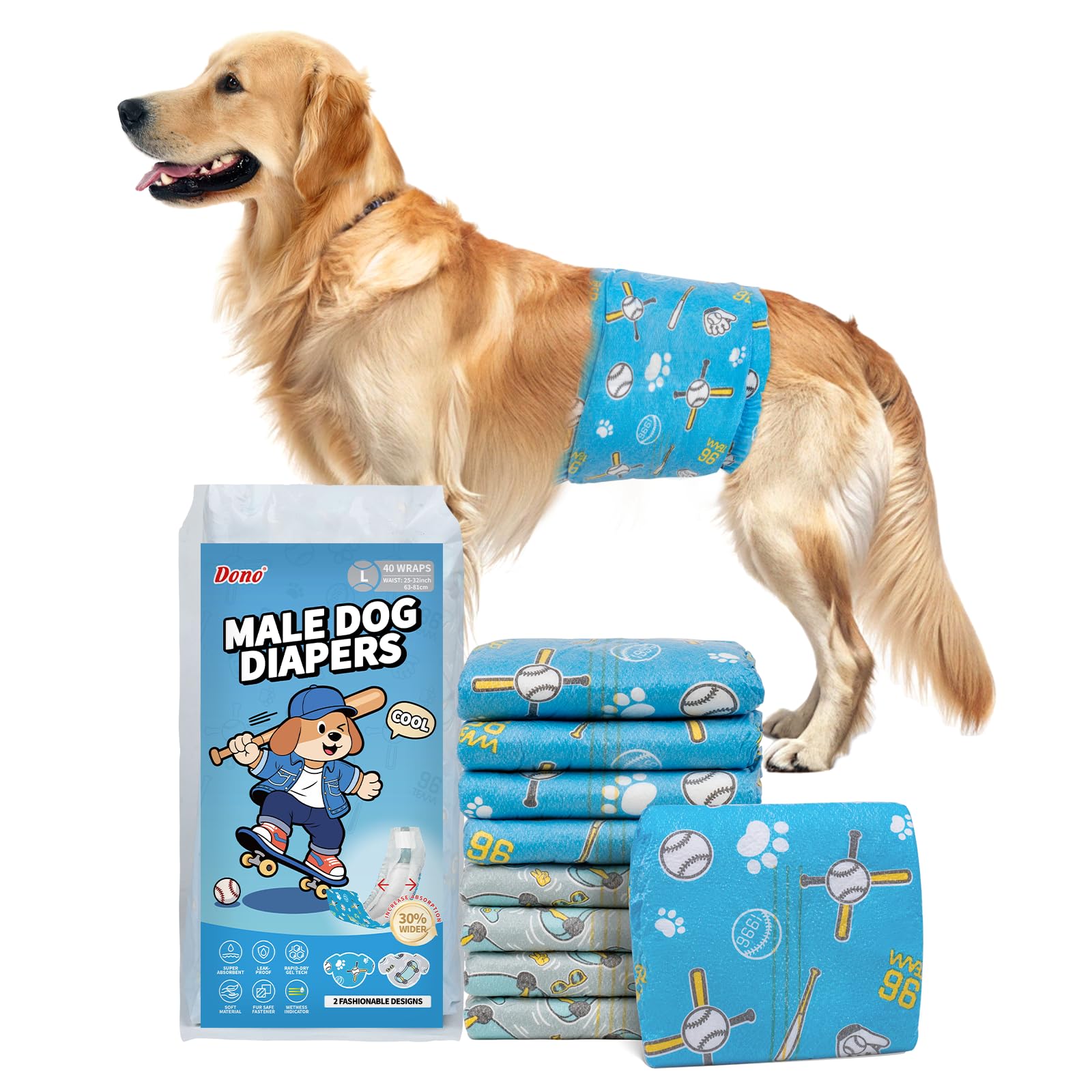 Dono Pañales Perro Macho, un 30% más Anchos, 40 Unidades Pañales L | Pañales para Perros Macho, 2 diseños, superabsorbentes, a Prueba de Fugas, incontinencia, Viajes, Entrenamiento