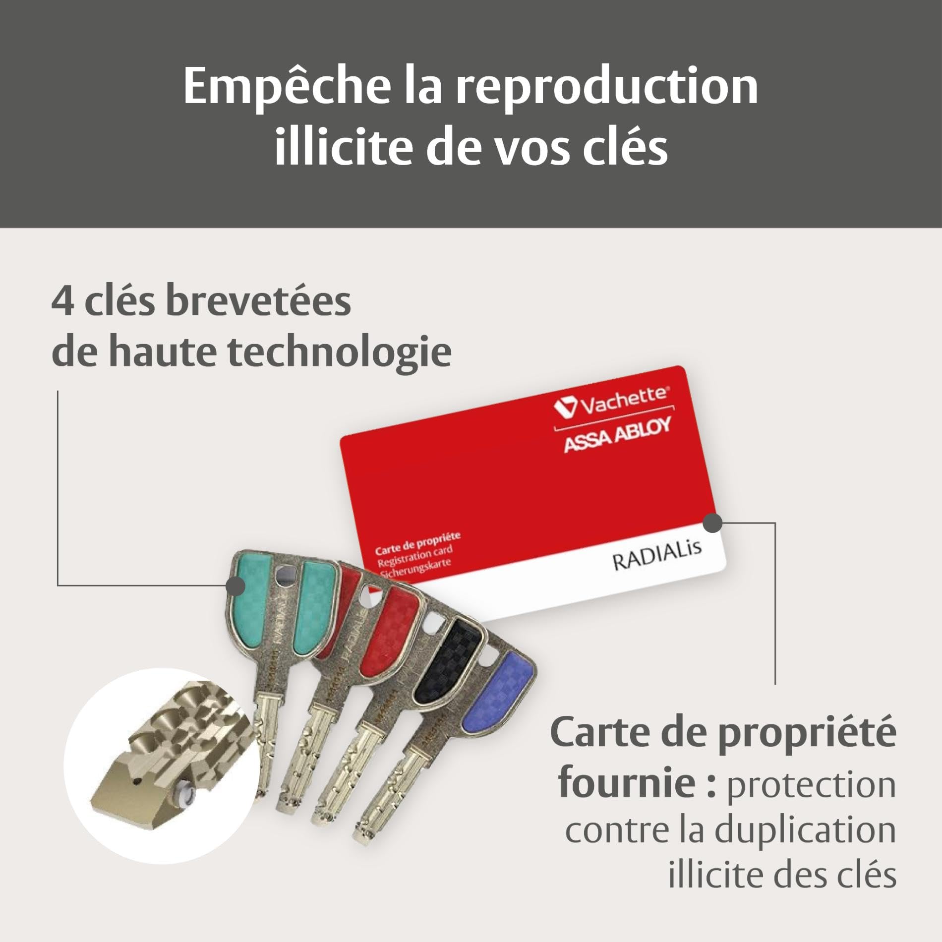 Vachette Radialis – Cylindre de Serrure Débrayable 32,5x42,5 mm pour Porte Extérieure/Entrée | Très Haute Sécurité, 4 Clés Incopiables, Carte de Propriété, Inox