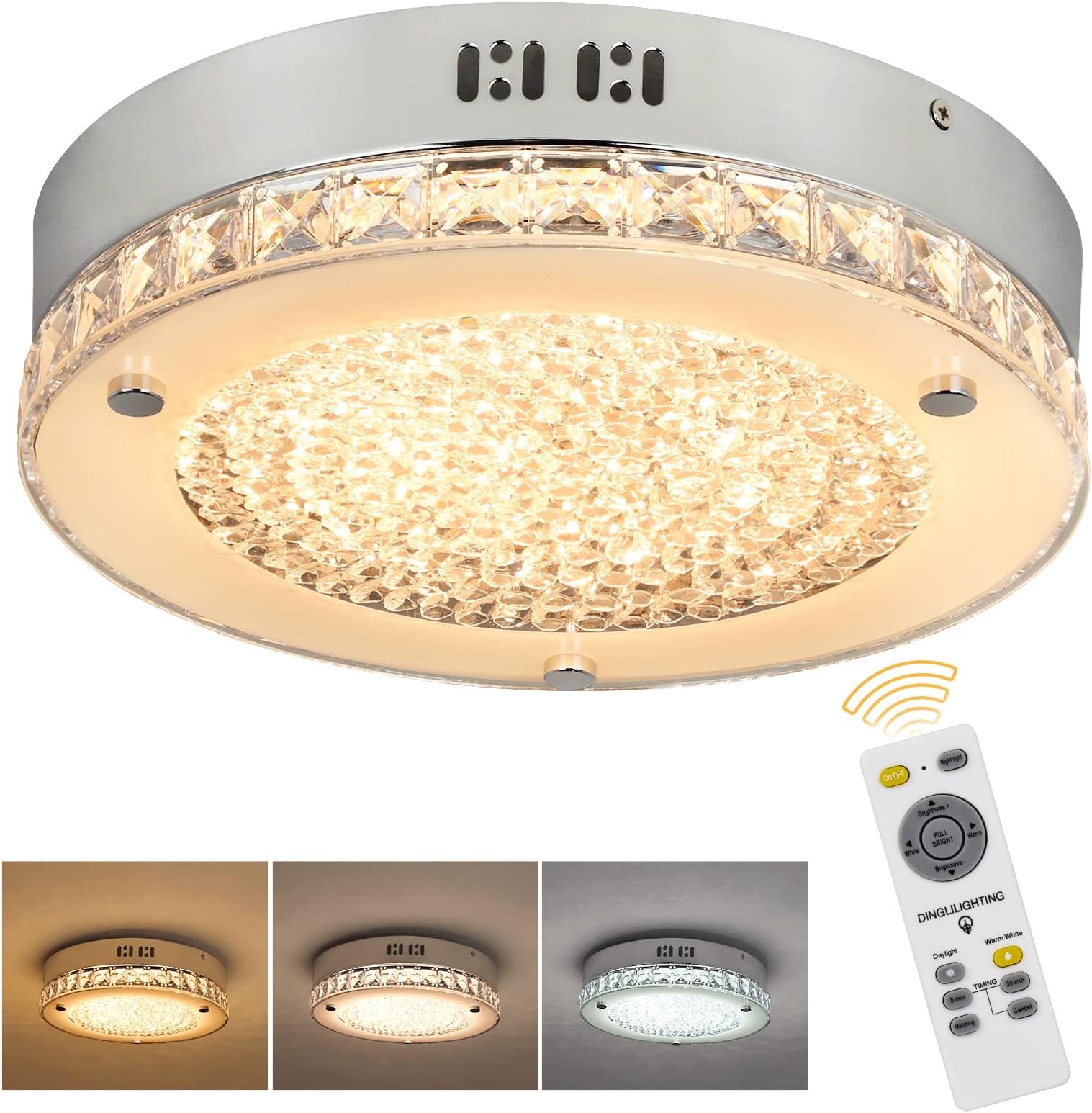 18W LED Crystal Flush Mount Ceiling Light with Remote, 11-Inch Modern Dimmable Close to Ceiling Lights Fixtures with 3000K-6000K for Kitchen, Bedroom, Hallway, 1440LM 3 Color Changeable