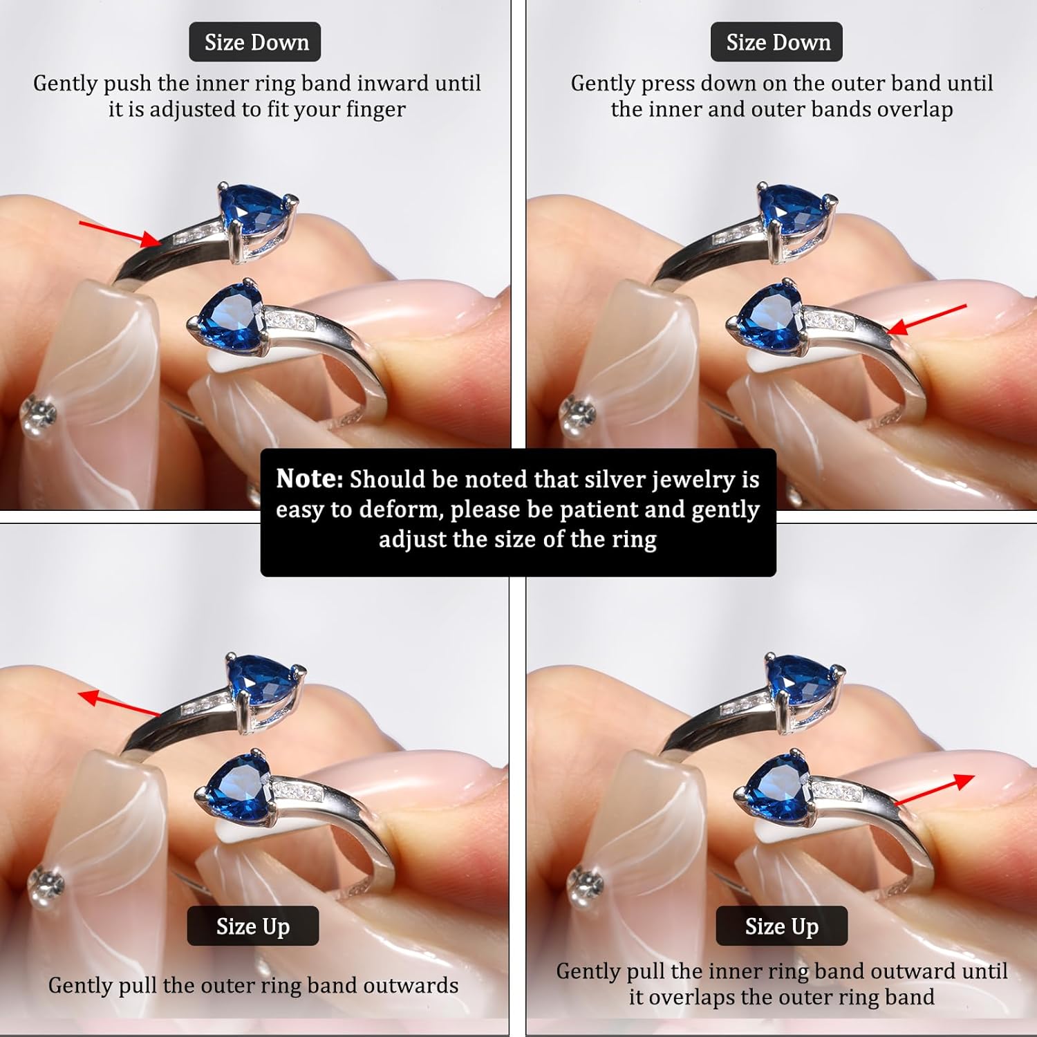 1CT Adjustable Women Heart Ring 925 Sterling Silver Birthstone Rings for Women Promise Ring for her Simulated Gemstone Statement Stackable Band Width 2mm Open Size 5~9 - Image 8