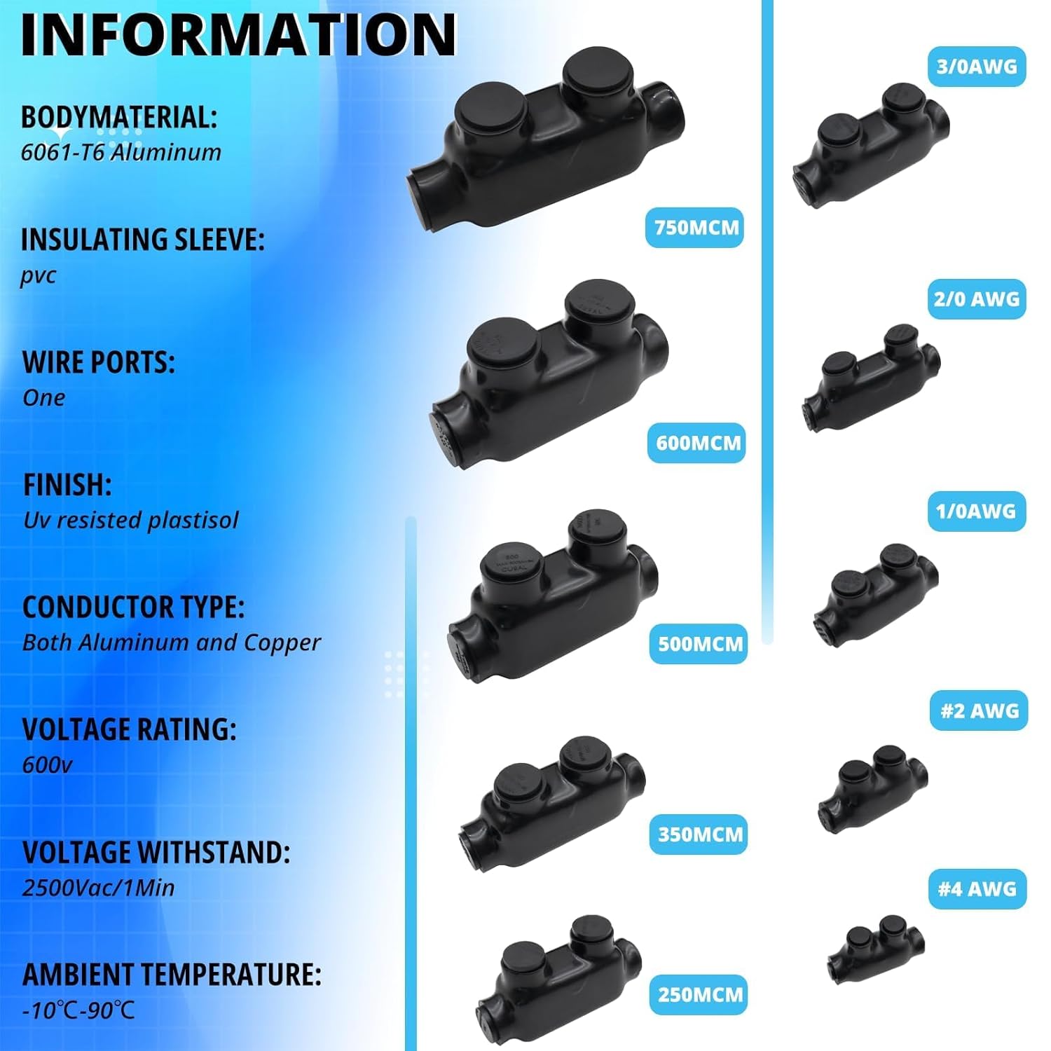 750Kcmil-1/0AWG Insulated 1 Port Inline Splice Connector Black Wire Connectors,Allen Hex 3/8" Insulated Cable Connectors Pre-Loaded Oxide Inhibitors,UL Listed(1pcs)