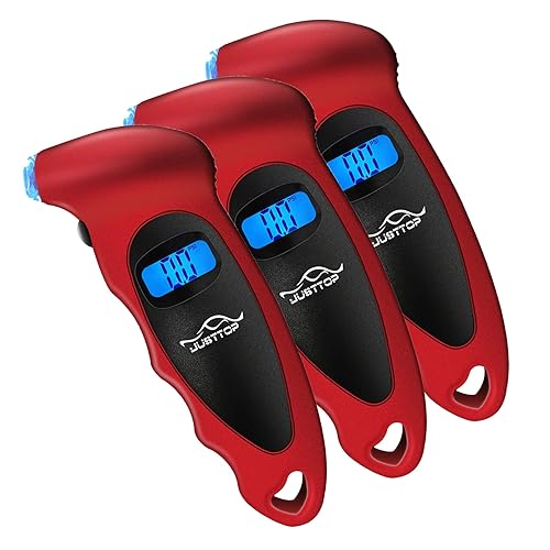 JUSTTOP Paquete de 3 manómetros digitales de presión de neumáticos 150 PSI 4 ajustes para automóviles camiones y bicicletas LCD retroiluminado y