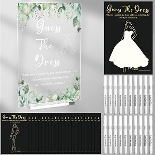 Guess The Dress Bridal Shower Game for Guests Include 60 Black Gold Guessing Cards 1 Acrylic Table Sign 20 Acrylic Pens Fun Wedding Shower Games Decorations Party Supplies Game Ideas