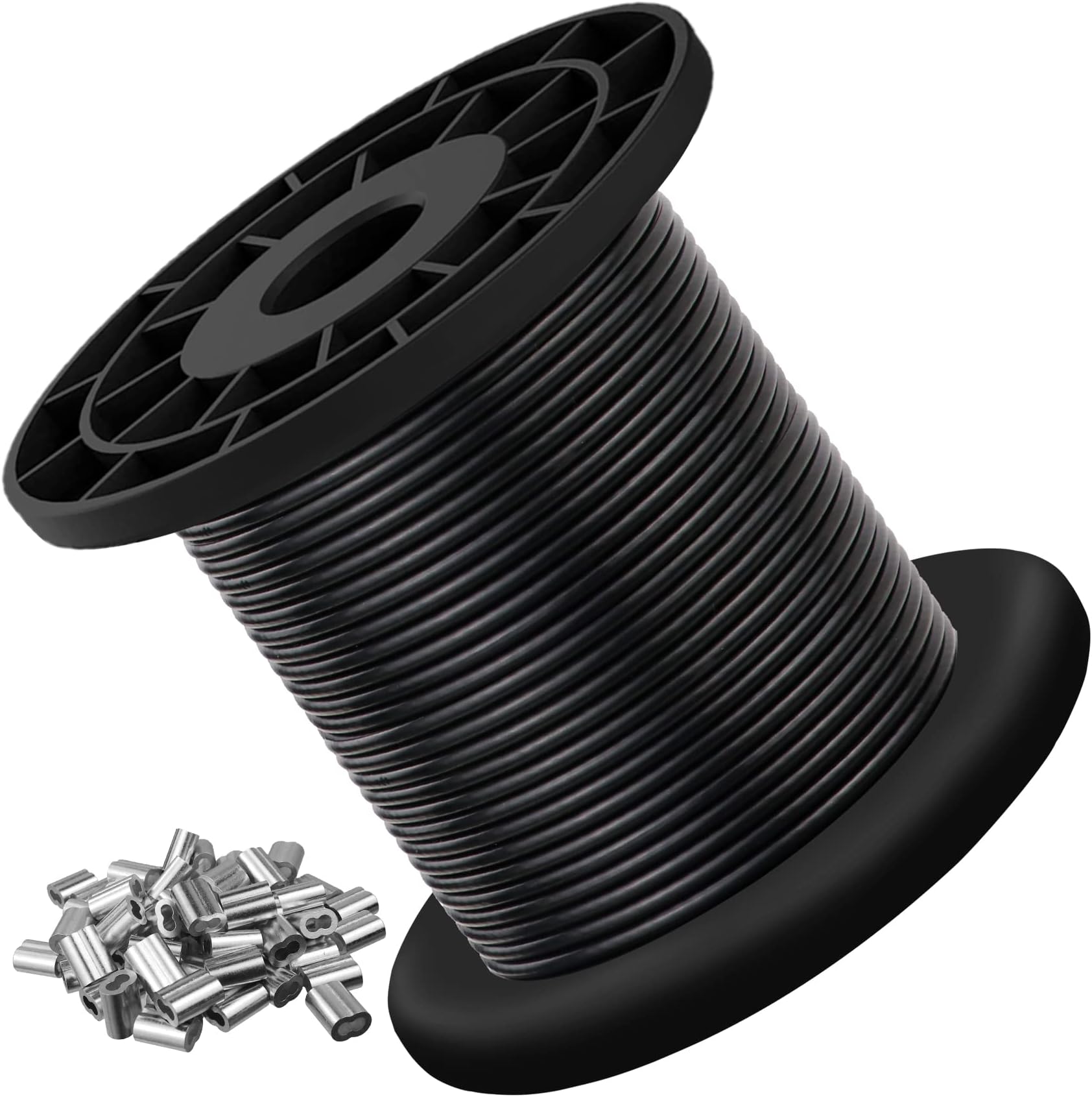 304 Stainless Steel Wire Rope Cable 3/32, Black Vinyl Coated - Outdoor Light Guide Wire for String Lights, Clotheslines - 1/16 Inch Overmolded to 3/32 Inch, 100ft