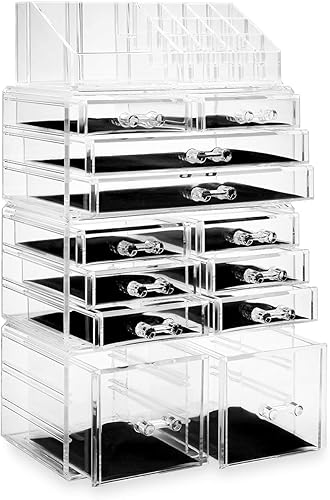 Miniatura 2 de Casafield Organizador de maquillaje cosmético acrílico y vitrina de almacenamiento de joyas, grande de 16 ranuras, 2 cajas y 10 cajones, transparente