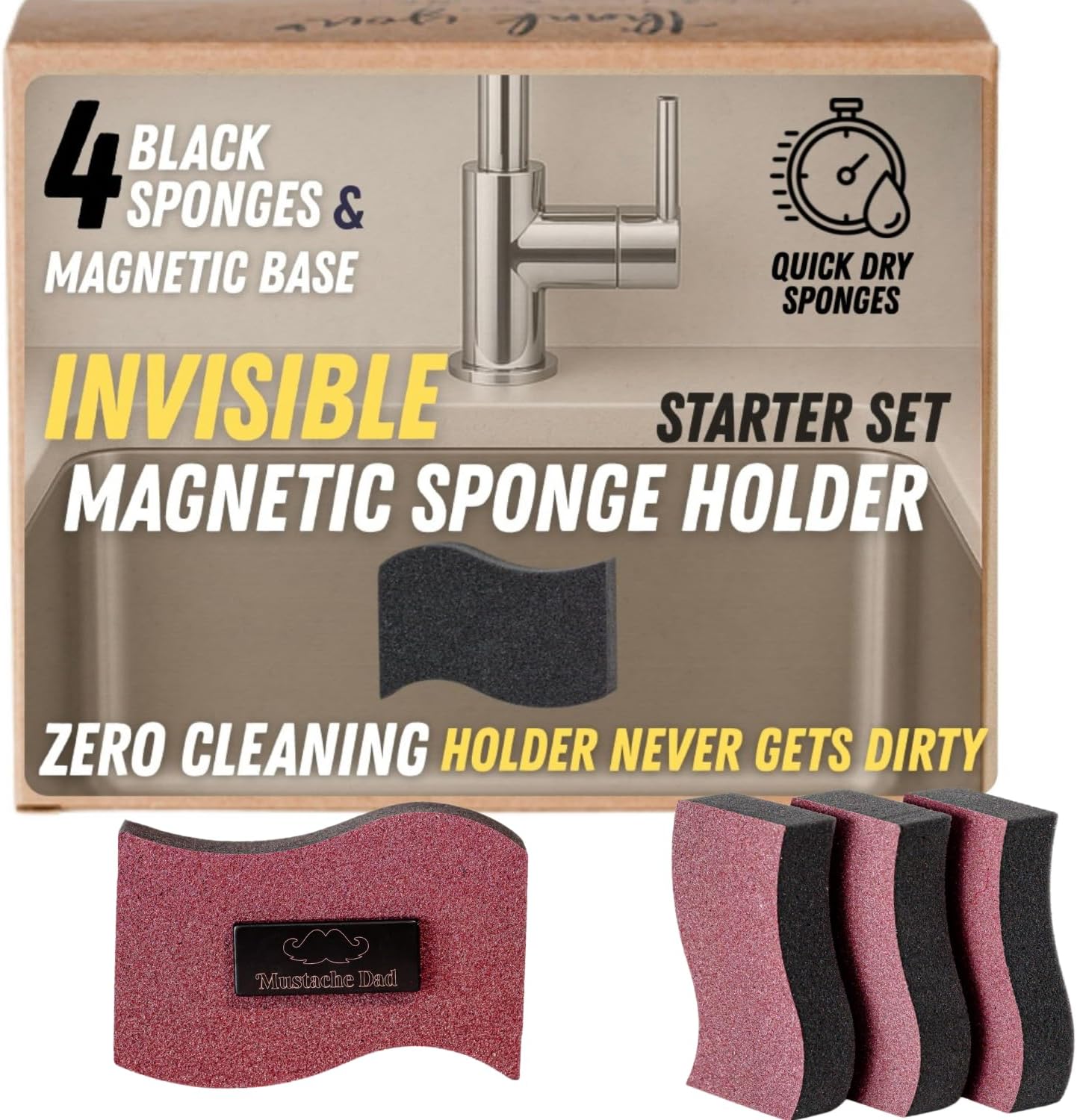 Invisible Magnetic Sponge Holder for Kitchen Sink Caddy with Magnetic Sponge Set 4 Dual-Sided Large Magnet Dish Scrubber (Clutter Organizer) by Mustache Dad