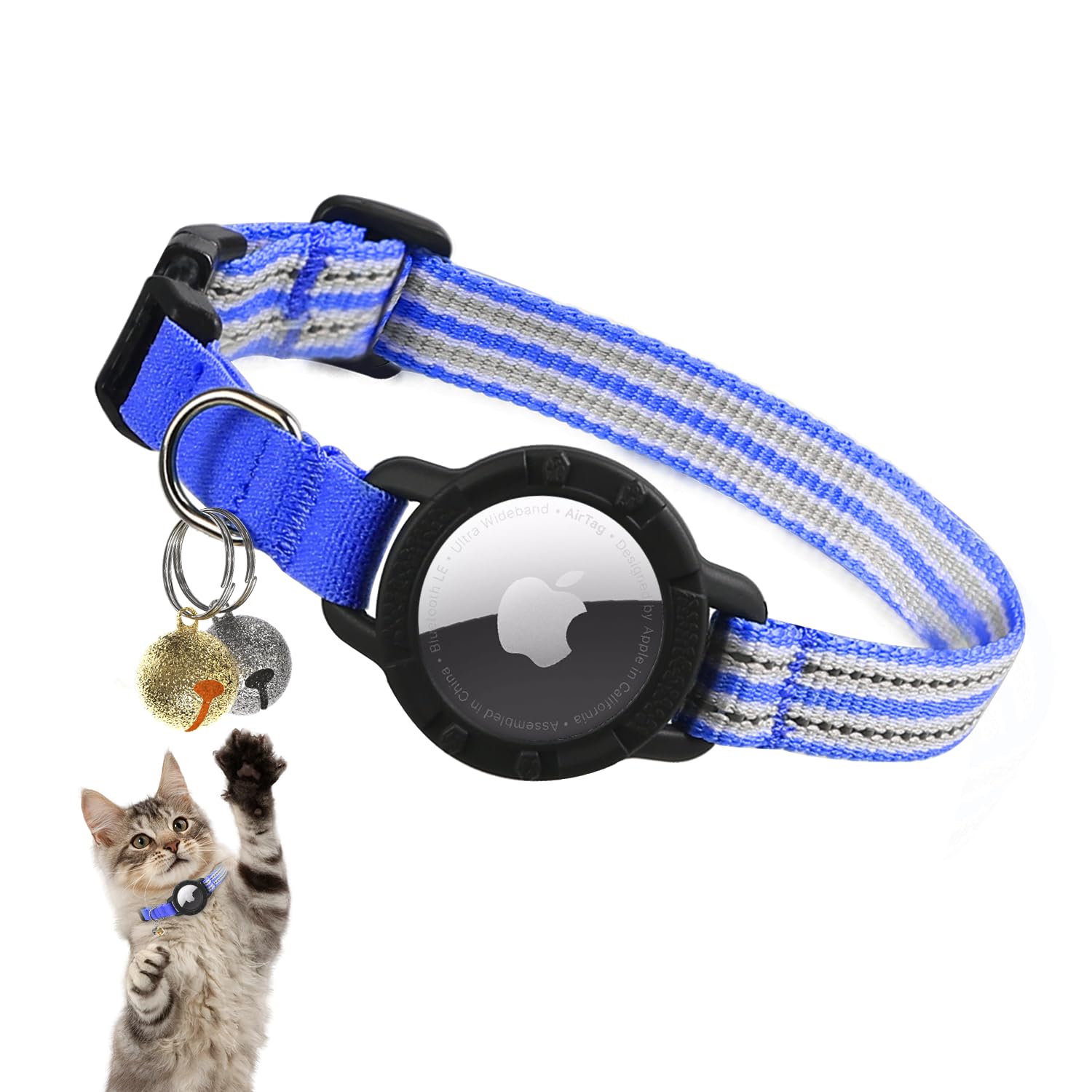 Airtag Katzenhalsband, Reflektierend Katzenhalsbänder mit Apple Air Tag Halter, Leichtes Elastisches Sicherheits Katzen Halsband, Halsband für Kätzchen und Welpen (Marineblau, XS(7"-9"))