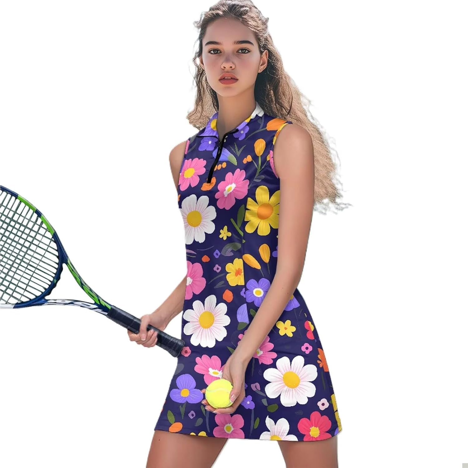 Daisy Women Tennis Dresses, Christmas Snowflake Sleeveless Quarter Zip Polo Golf Dress, Sugar Skull Athletic Dress