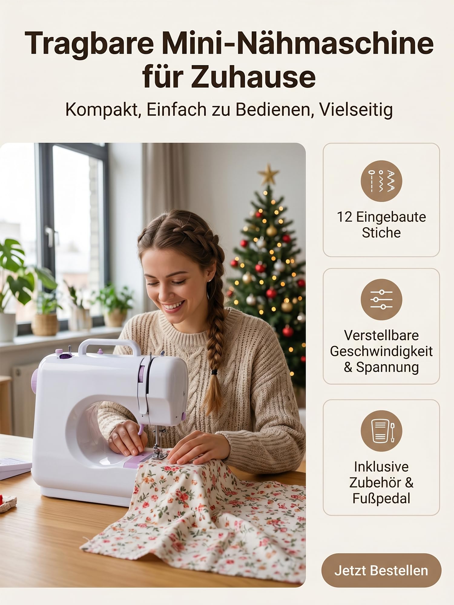BRICH Elektryczna mini maszyna do szycia, 12 ściegów, nożny i
