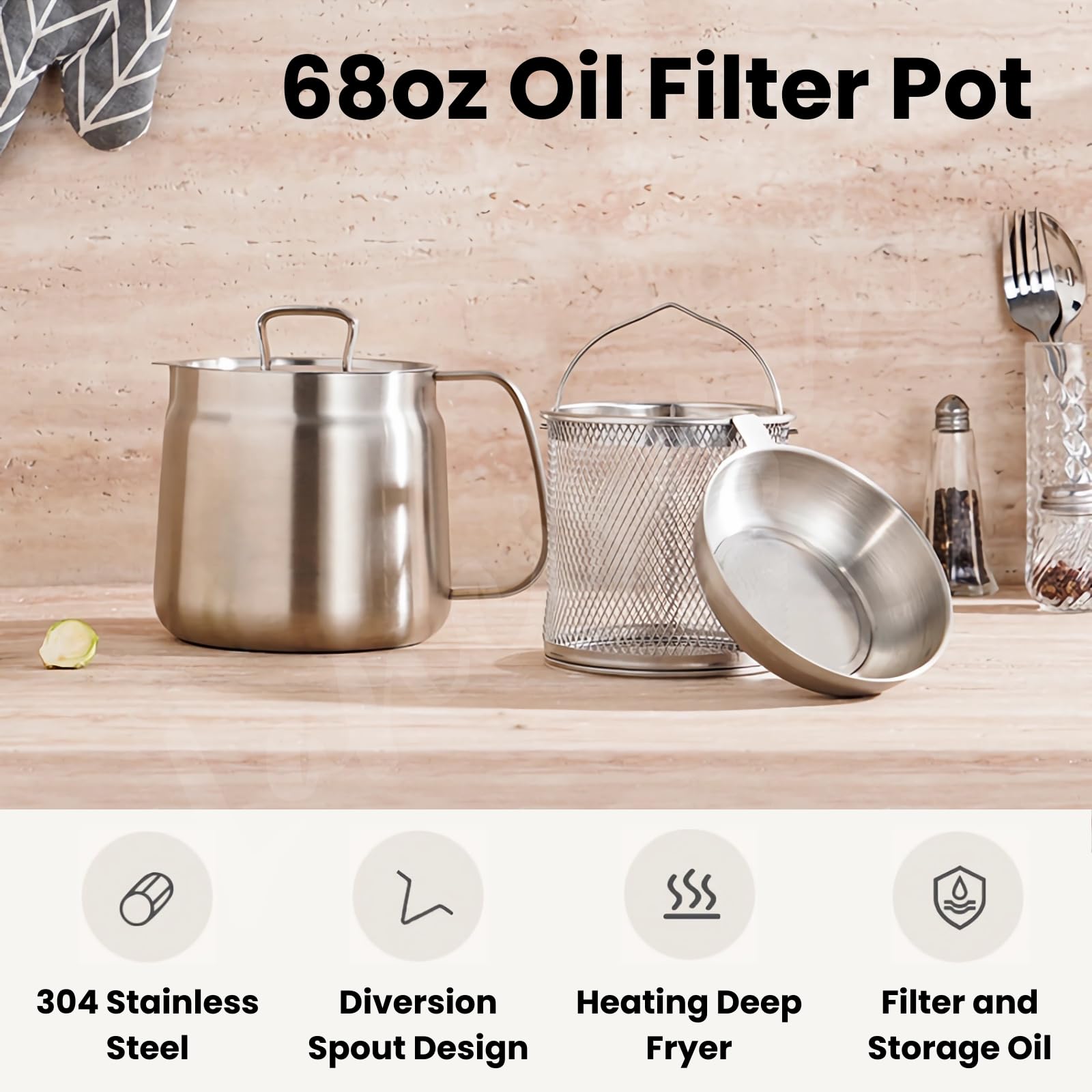 68oz 304 Stainless Steel Oil Filter Pot, Lancisism 3 IN 1 Large Capacity Versatile Oil Filter Vessel Tank with Frying Basket and Oil Strainer for Oil Bacon Grease Container