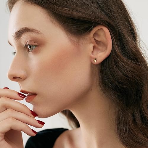Miniatura 4 de JIAYIQI 925 Sterling Silver Stud Earrings Simple Mini Bar Circle Dot Heart Star Lightning Bolt Stud Earrings 14K Gold Plated Cartilage Earrings