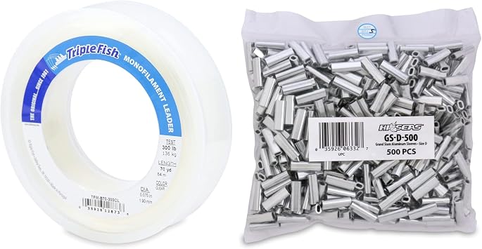 Triple Fish Fishing Bundle 300 lb Monofilament Leader 70 yd, 500 HI-SEAS Grand Slam Aluminum Sleeves 2.0 mm ID for 250-300 lb Mono