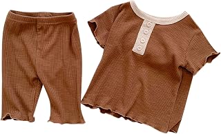 3 Piece Set Boy Infant Kids Toddler Newborn Baby Boys Girls Ribbed Patchwork Short Ruffled Sleeve T Shirt Blouse Tops Solid Shorts Pants Sleepwear Pajamas Outfit Set 2PCS Clothes New Boy Sleepers