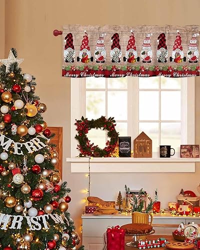 Miniatura 4 de Cenefa de cortina de cocina de gnomo de Feliz Navidad, cenefa de cortina de ventana, bolsillo para barra, 1 panel de cenefas para sala de estar,